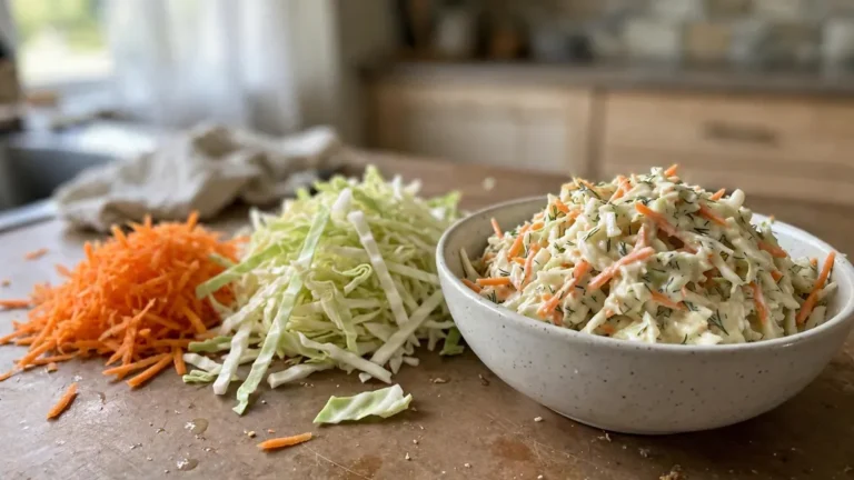A bowl of fresh coleslaw beside shredded cabbage and carrots on a kitchen counter.
