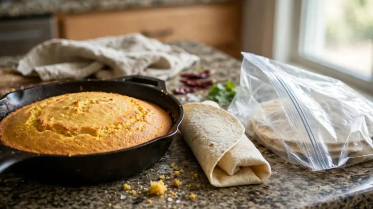 Golden cornbread in a cast iron skillet beside wrap and a freezer bag.