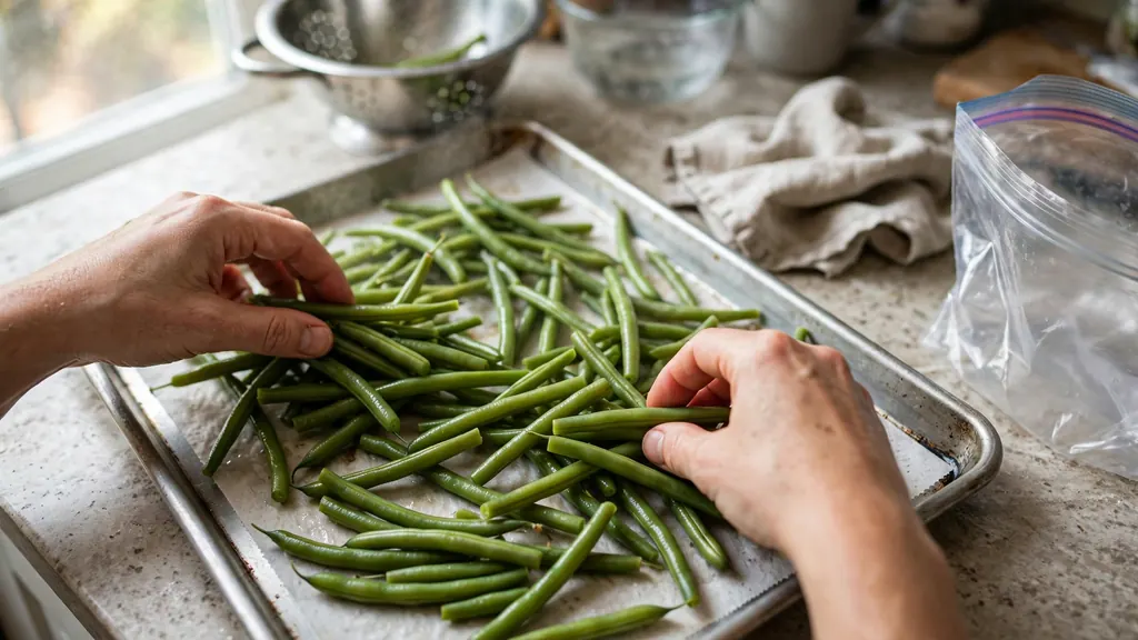 Hands spreading blanched green beans on a tray before bagging them for the freezer.