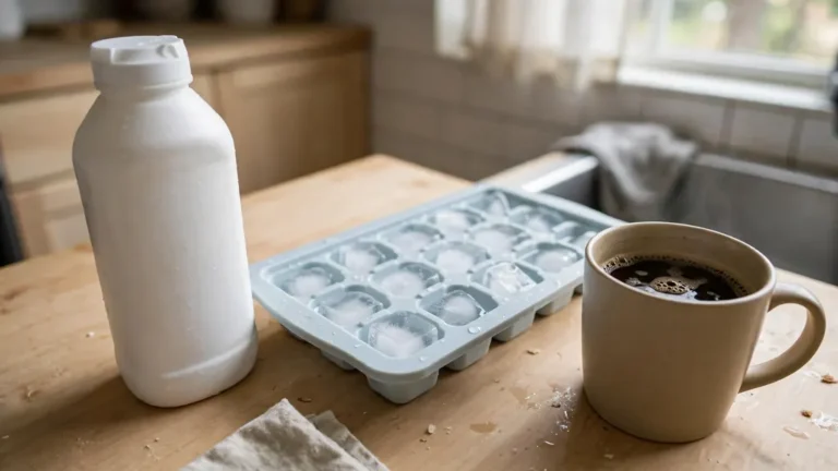 A bottle of coffee creamer beside a filled ice cube tray and a mug of coffee.