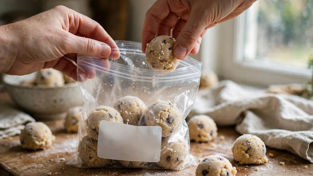 Hands placing frozen cookie dough balls into a labeled freezer bag.