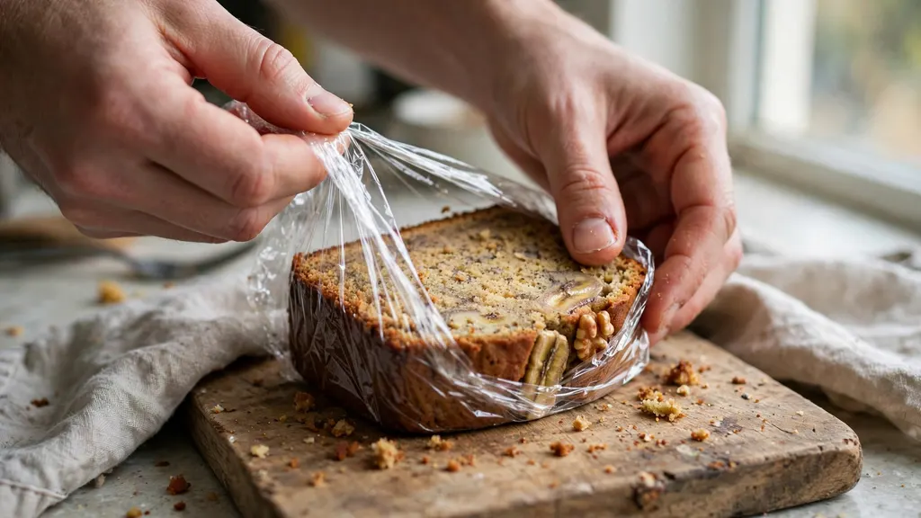 Hands wrapping a slice of banana bread in plastic wrap for the freezer.