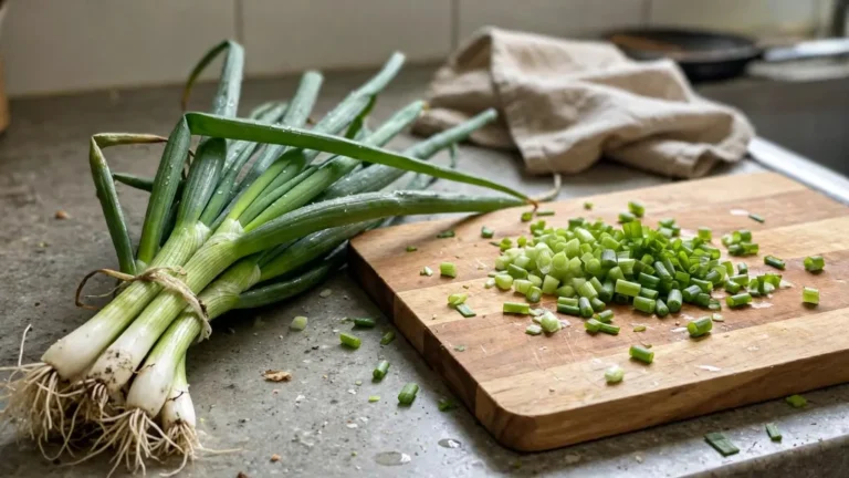 A bunch of fresh green onions beside a cutting board with chopped pieces.