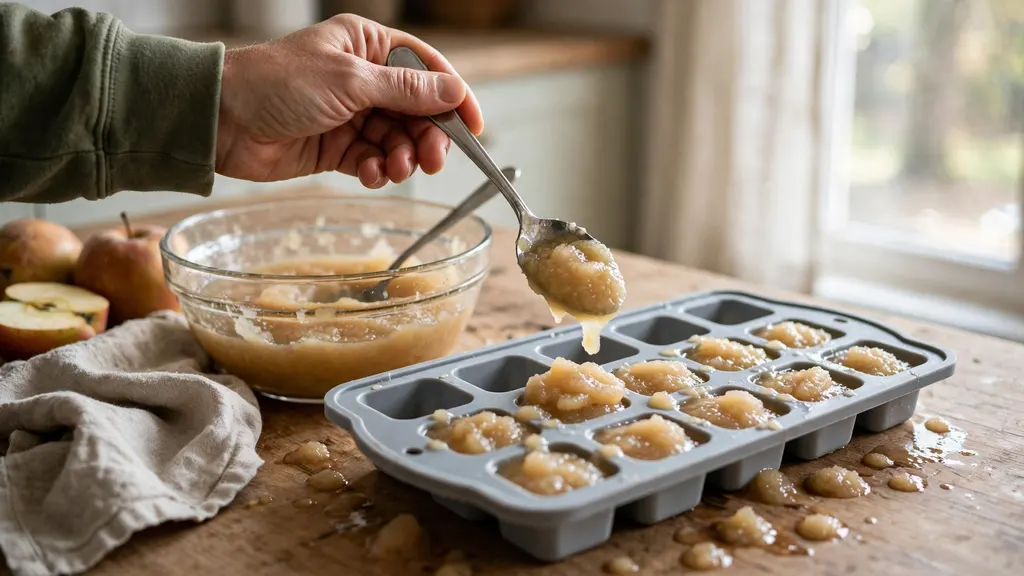 Hands spooning applesauce into an ice cube tray for small portions.