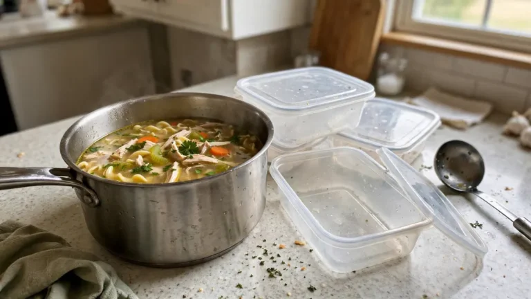 A pot of chicken noodle soup beside freezer containers and a ladle.