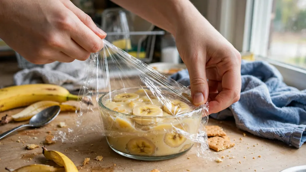 Hands covering a small dish of banana pudding before chilling it.