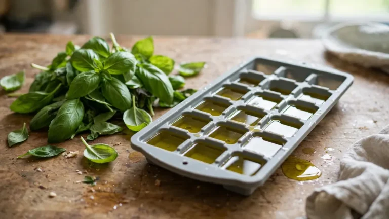 Fresh basil leaves beside an ice cube tray with olive oil.