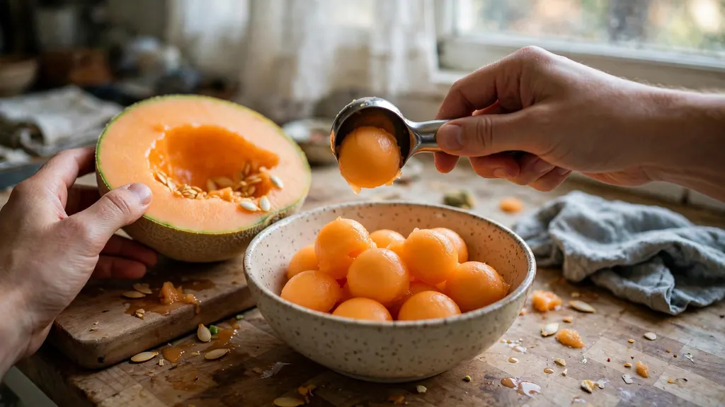 Hands scooping cantaloupe balls with a melon baller over a bowl.