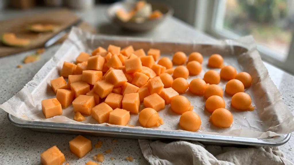Cantaloupe cubes and melon balls spread on a lined freezer tray.