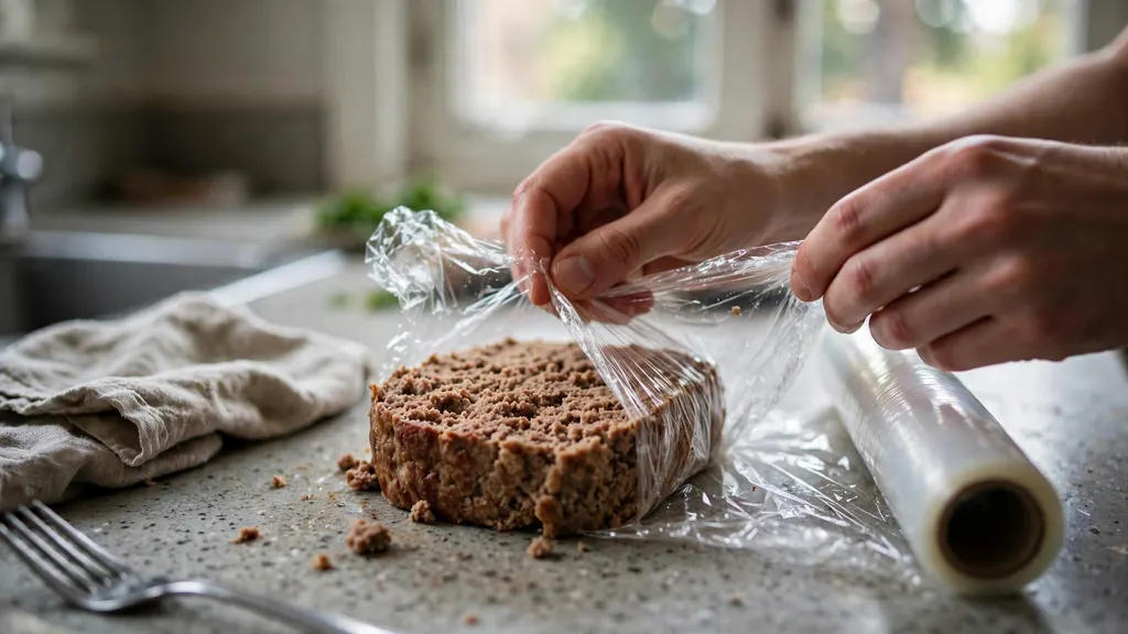 Hands wrapping a cooled slice of meatloaf for the freezer.