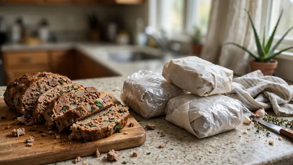 A sliced meatloaf on a board beside wrapped freezer portions.