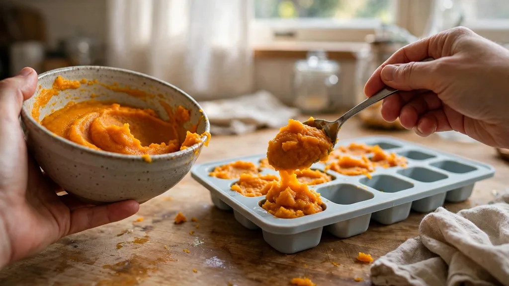 Hands spooning pumpkin puree into an ice cube tray on a kitchen counter.