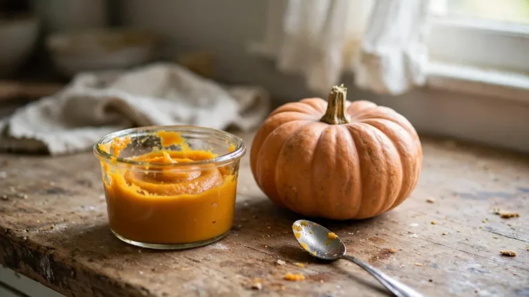 A small open container of smooth orange pumpkin puree beside a pie pumpkin on a kitchen counter.