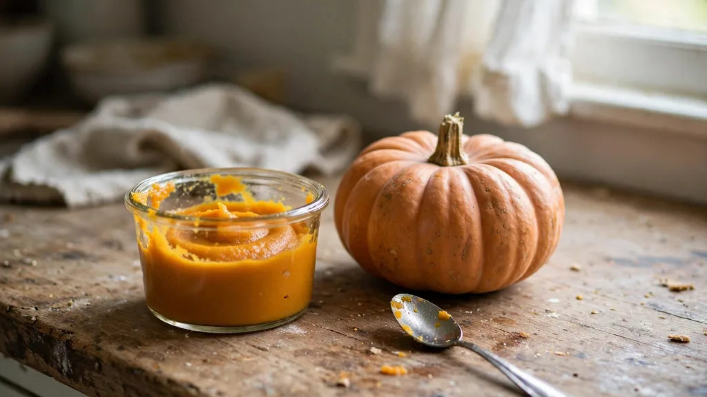 A small open container of smooth orange pumpkin puree beside a pie pumpkin on a kitchen counter.