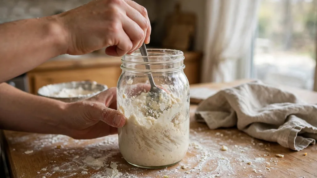Hands stirring fresh flour and water into a jar of sourdough starter.