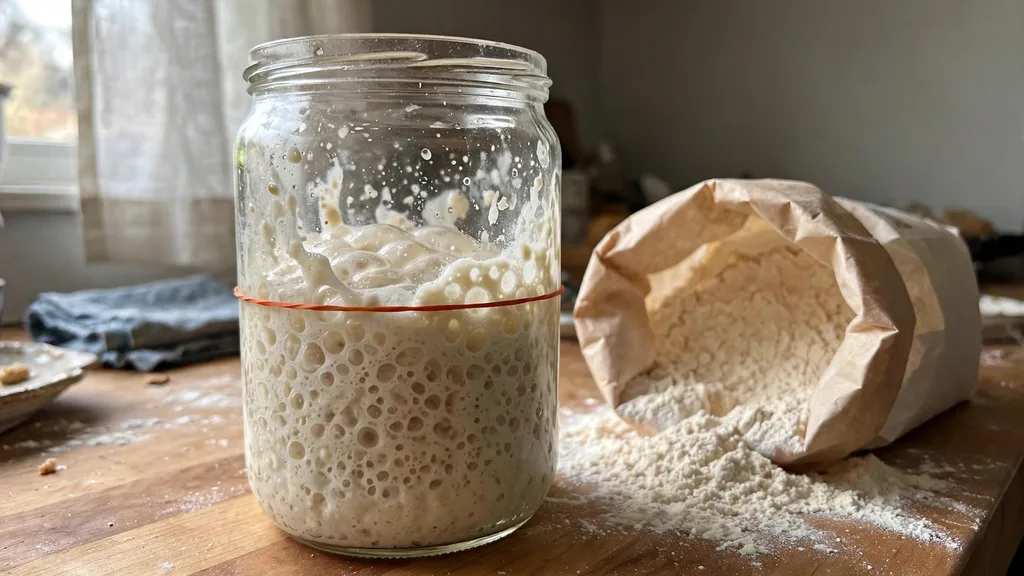 A glass jar of bubbly sourdough starter with a rubber band marker beside a bag of flour.