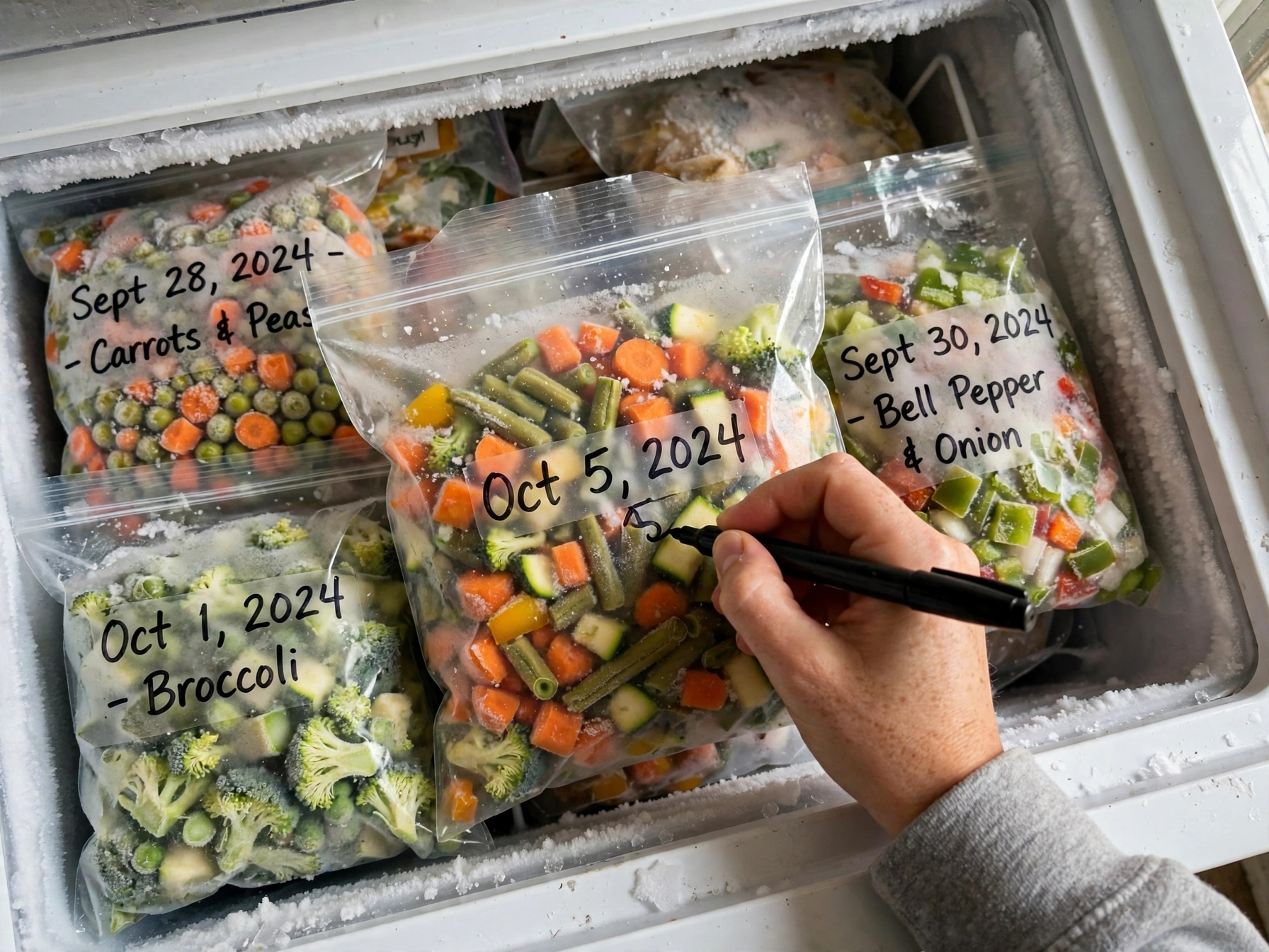 Hand writing the date on a freezer bag inside a home freezer drawer