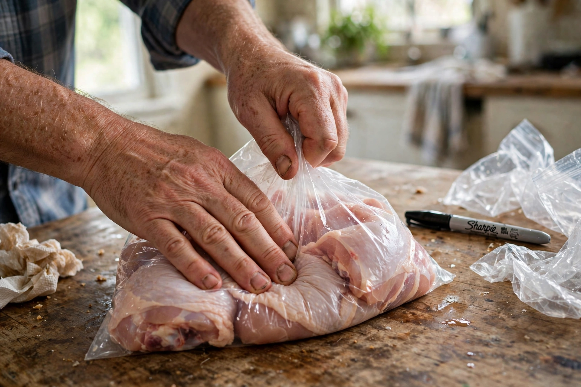 Testing a freezer bag of food in a home kitchen