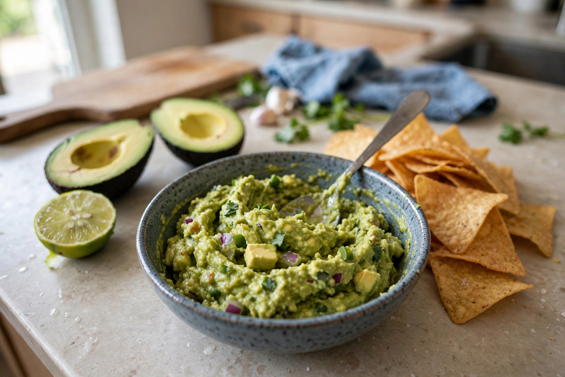 A bowl of guacamole with tortilla chips and avocado halves on a kitchen counter