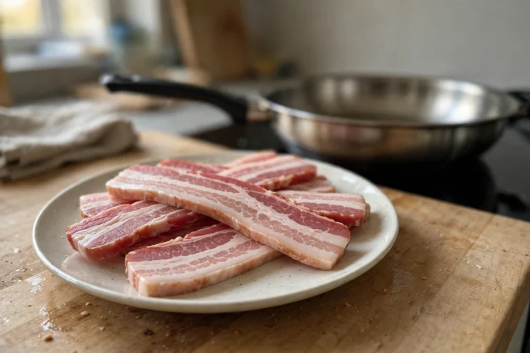 Raw bacon strips with pink meat and white fat on a plate next to a frying pan in a home kitchen