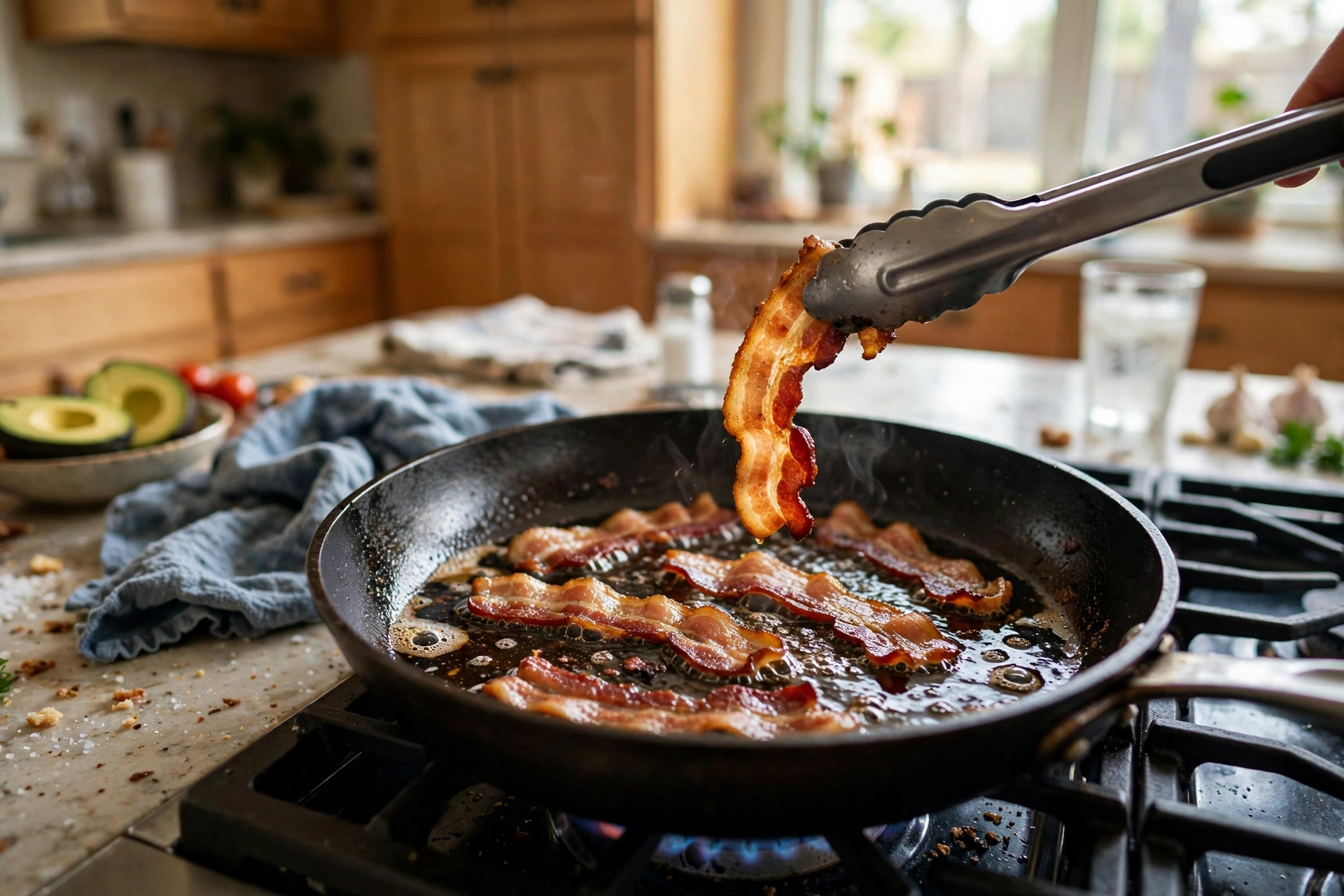 Bacon slices sizzling in a frying pan on a stove with tongs lifting one slice