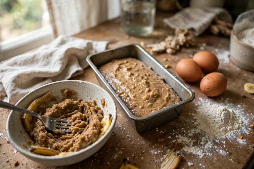 Thawed bananas mashed with a fork in a bowl beside a loaf tin of banana bread batter and eggs