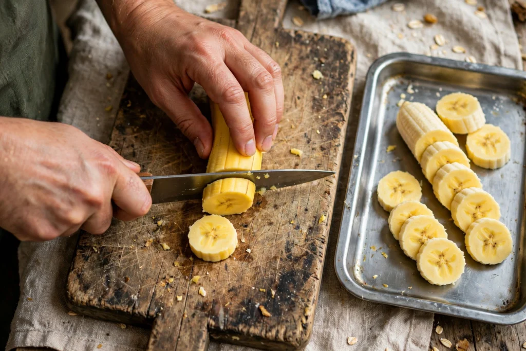 Hands slicing a peeled banana on a worn wooden board with fresh slices laid out on a metal tray beside it