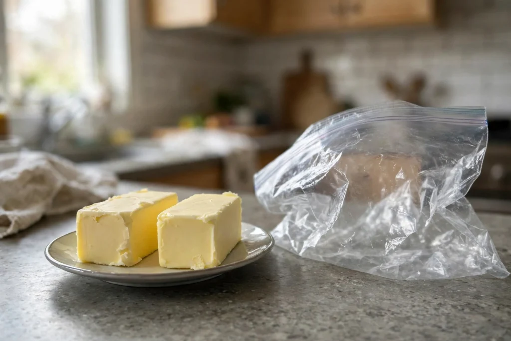 Sticks of butter on a small plate next to a freezer bag on a home kitchen counter in morning light