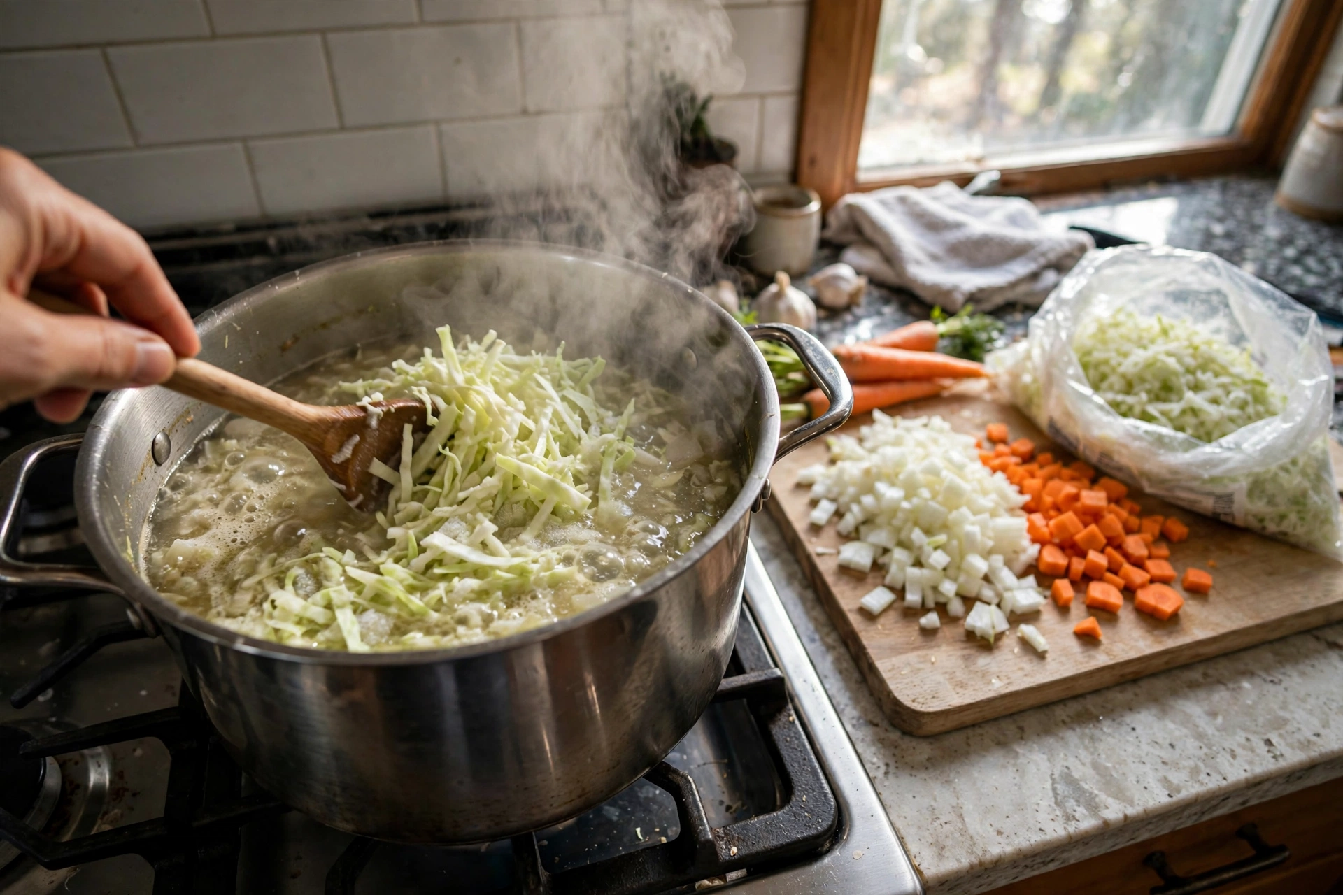 Shredded cabbage being stirred into a steaming pot of soup on a stove with onion and carrots beside it