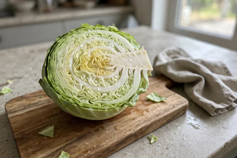 A fresh green cabbage cut in half on a wooden board showing the pale inside leaves in a home kitchen