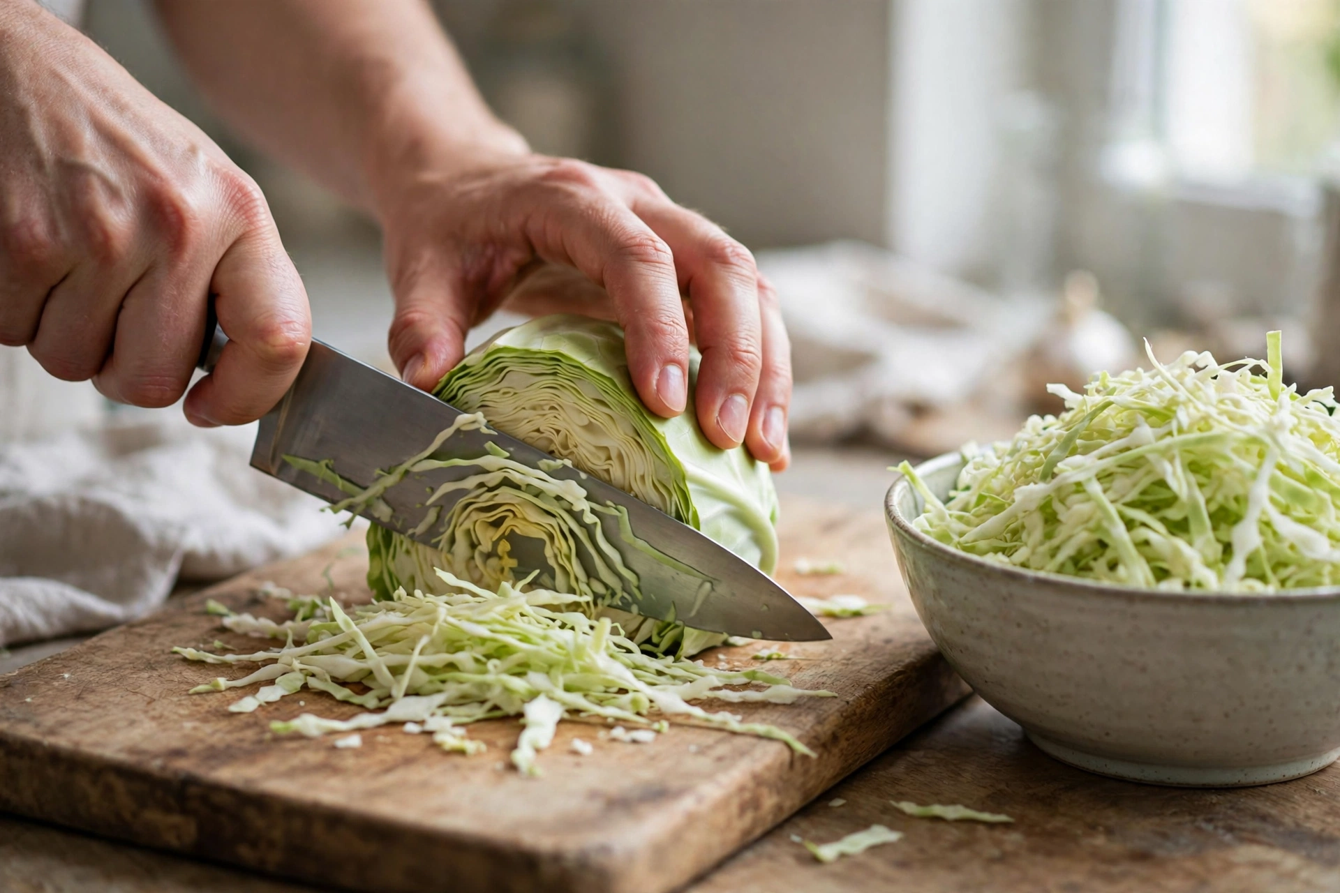 Hands shredding green cabbage with a knife on a wooden board with a bowl of shredded cabbage beside it