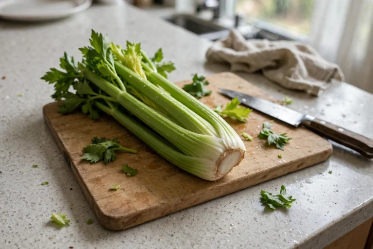 A fresh bunch of celery stalks with leaves on a wooden chopping board next to a knife on a kitchen counter