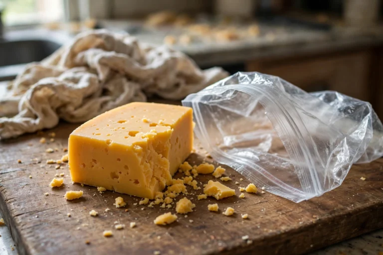 A block of cheddar cheese with crumbs on a wooden board next to an open freezer bag in a home kitchen