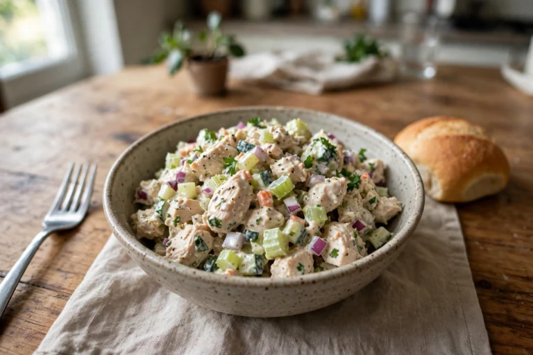 A bowl of chicken salad with celery and onion on a wooden kitchen table next to a fork and a bread roll