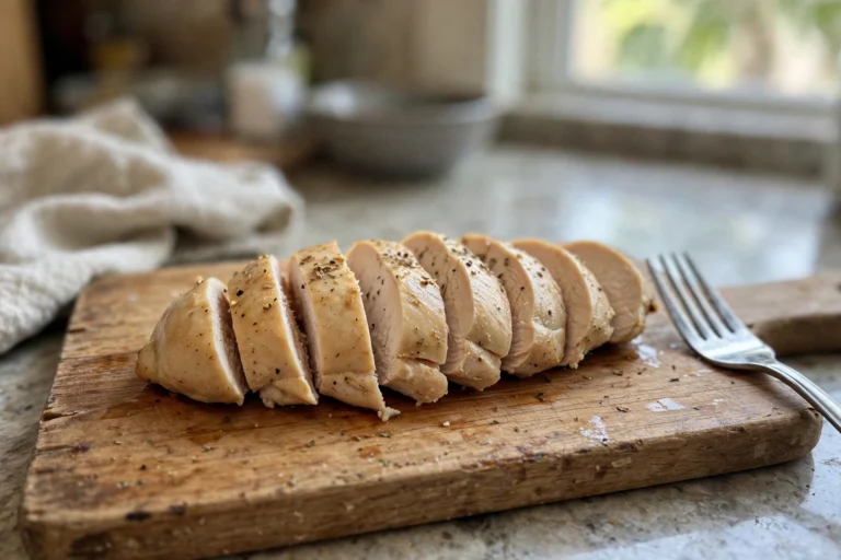 Sliced cooked chicken breast on a wooden board with a fork in a home kitchen
