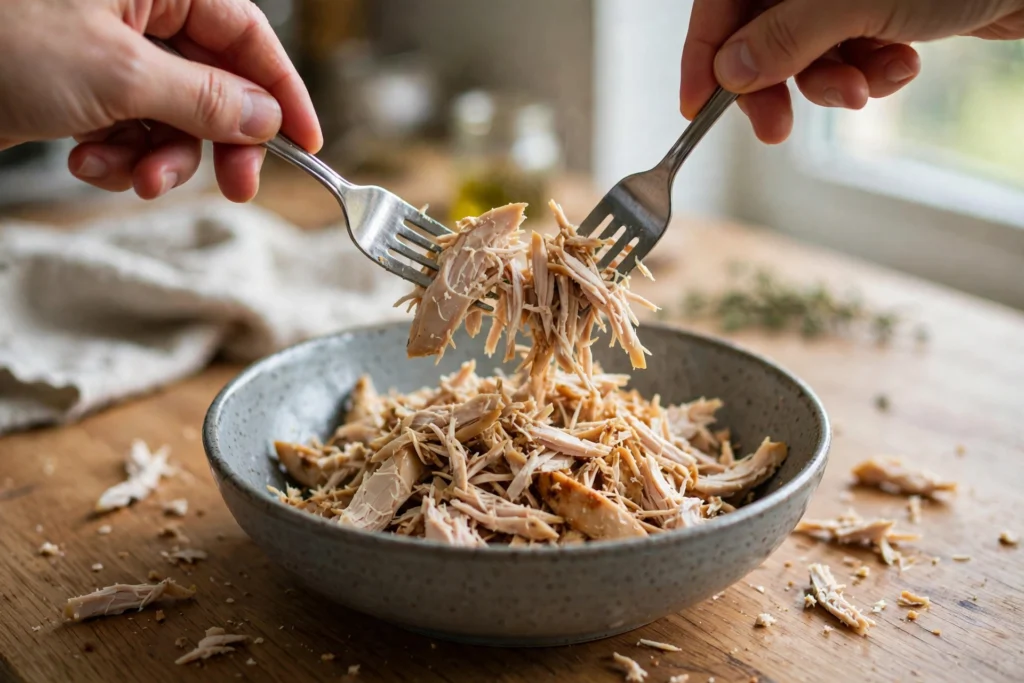 Hands shredding cooled cooked chicken with two forks into a bowl in a home kitchen