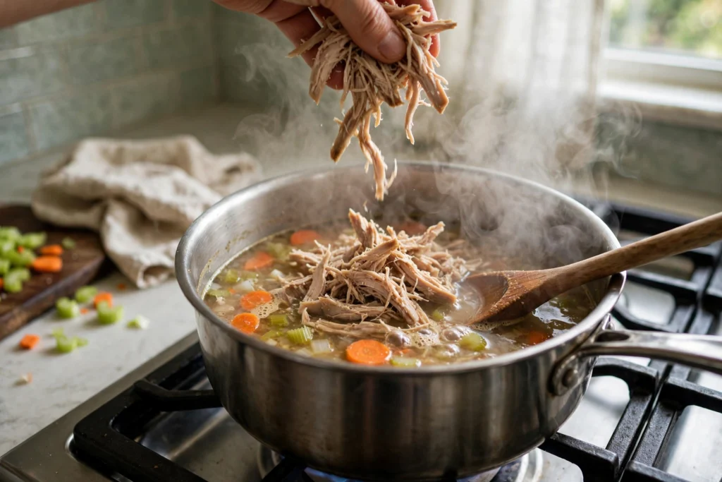 Shredded cooked chicken being added by hand to a pot of soup on a stove