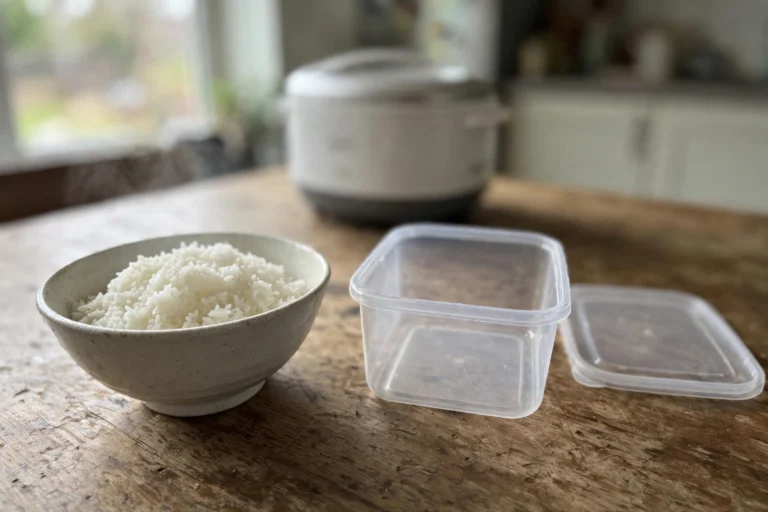 A bowl of plain cooked white rice next to an empty freezer container on a wooden kitchen counter with a rice cooker behind
