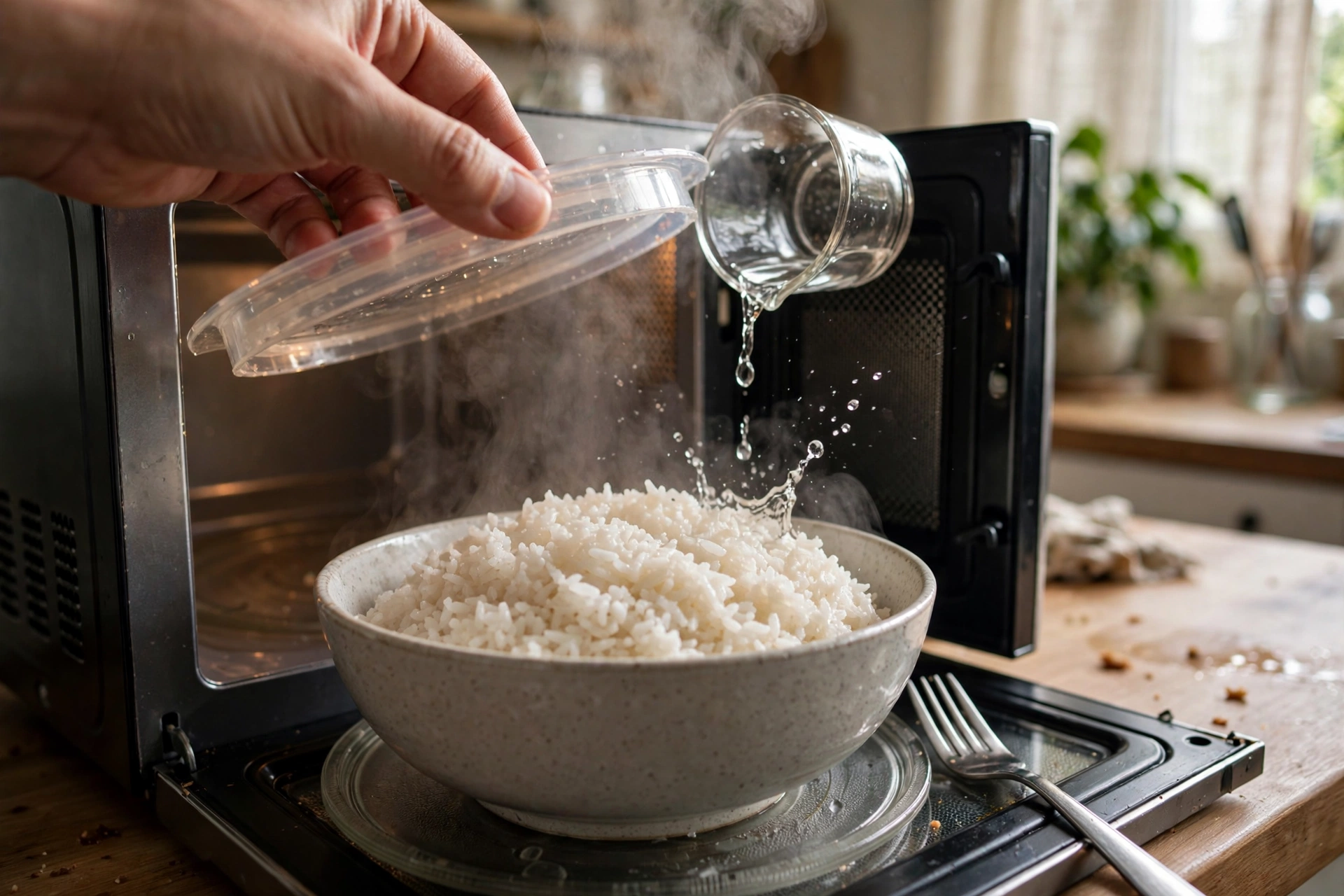 A hand lifting the lid off a steaming bowl of reheated rice in a microwave with a splash of water being added