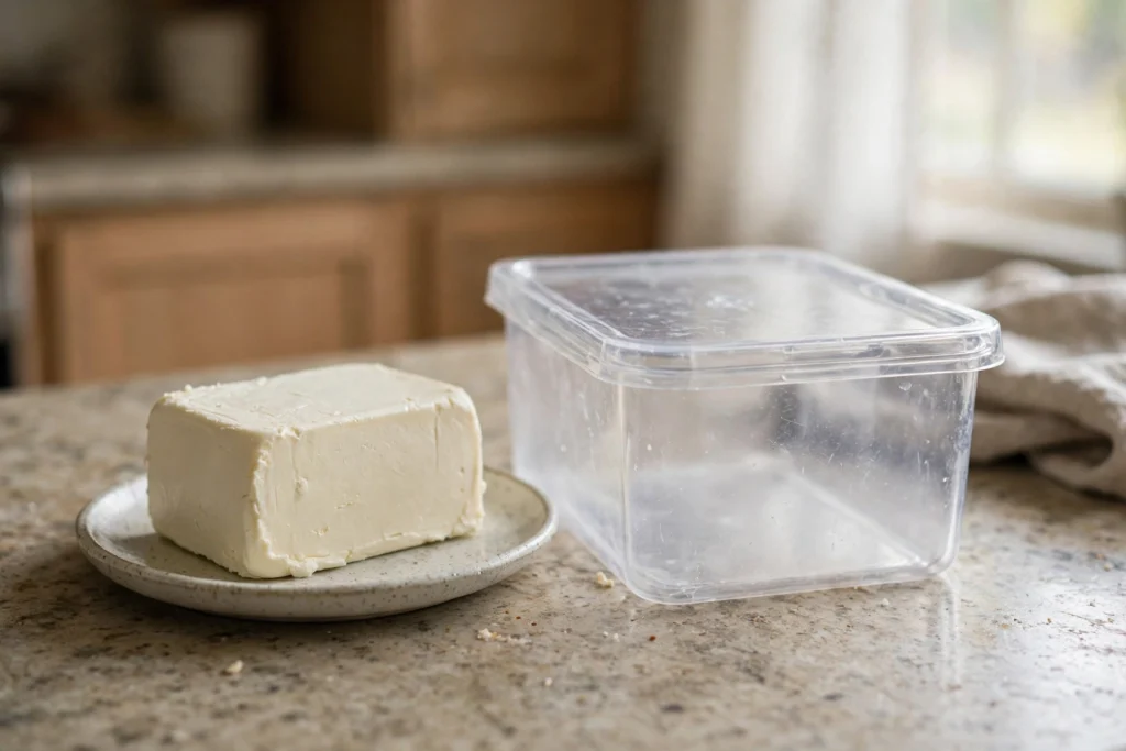 A block of cream cheese on a small plate next to a clean freezer container on a home kitchen counter in natural light