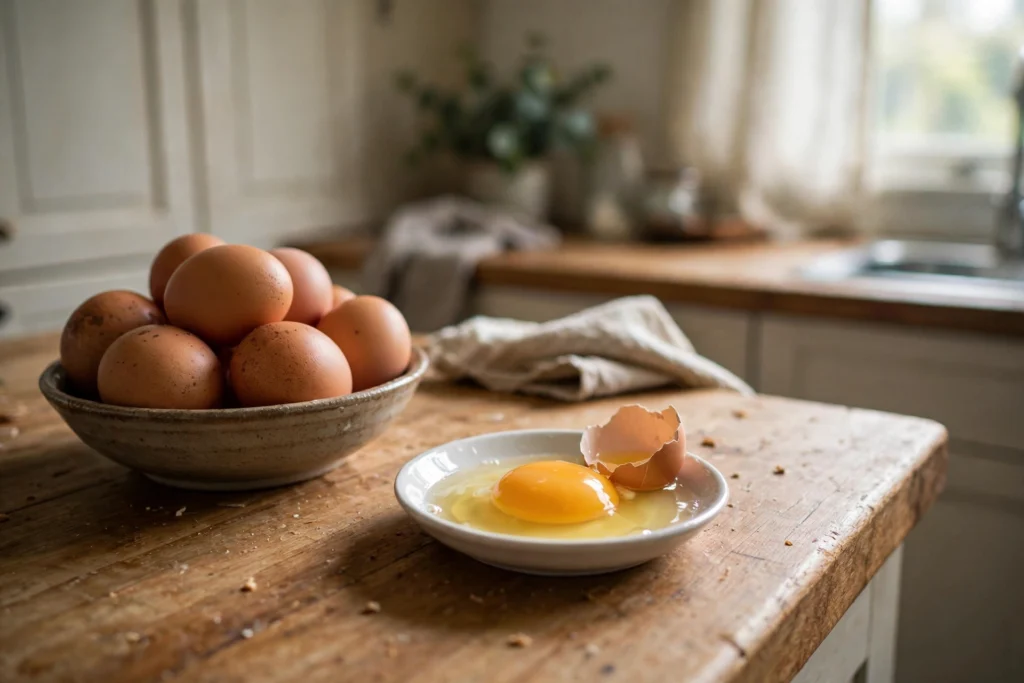 Fresh brown eggs in a bowl with one cracked egg in a small dish on a wooden kitchen counter