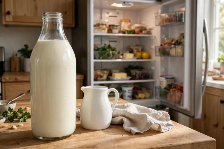 A plain glass bottle of heavy cream and a small white jug on a kitchen counter next to an open refrigerator