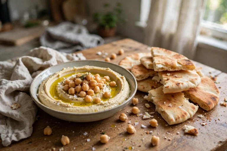 A bowl of hummus with a swirl of olive oil and chickpeas on top beside warm pita on a home kitchen table in natural light