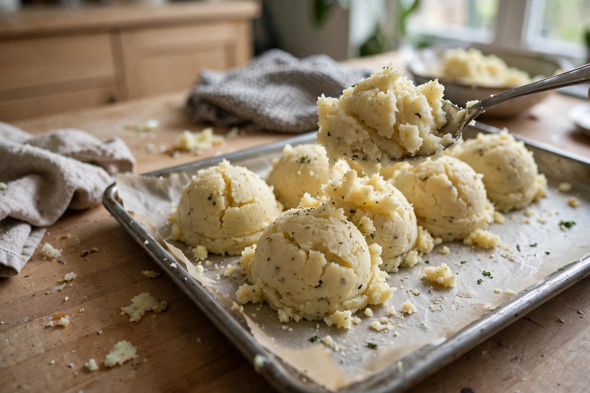 A spoon scooping cooled mashed potatoes into even mounds on a lined baking tray in a home kitchen