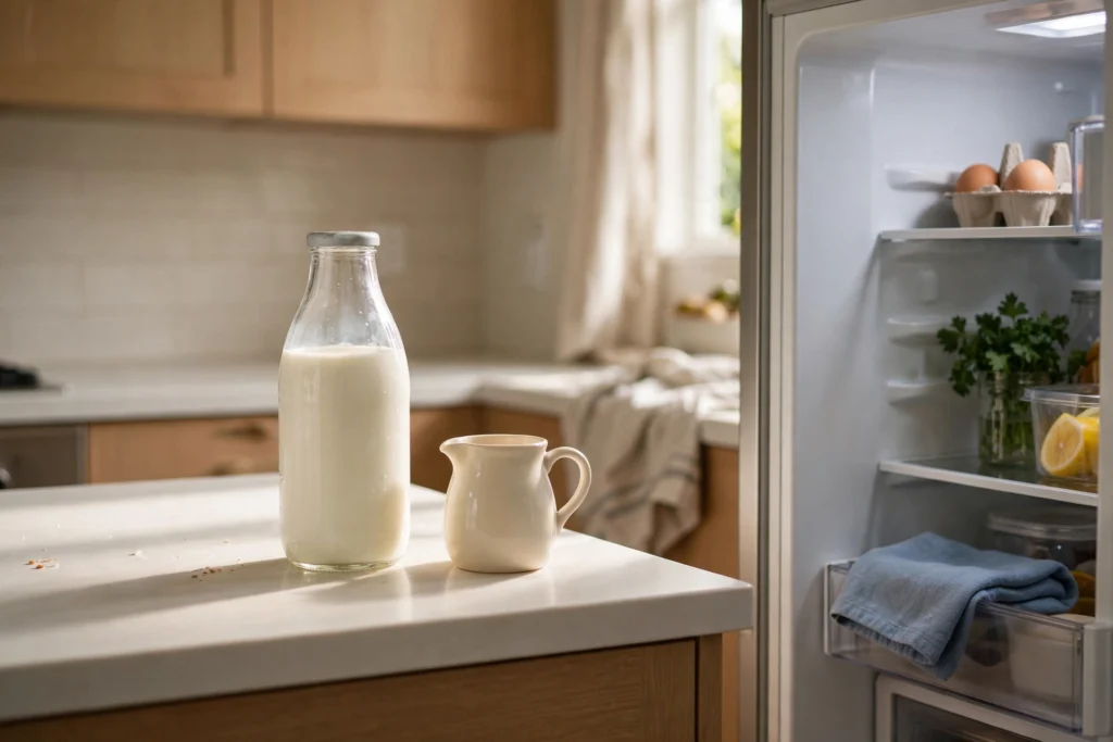 A bottle of fresh milk and a small jug on a clean kitchen counter next to an open refrigerator in morning light