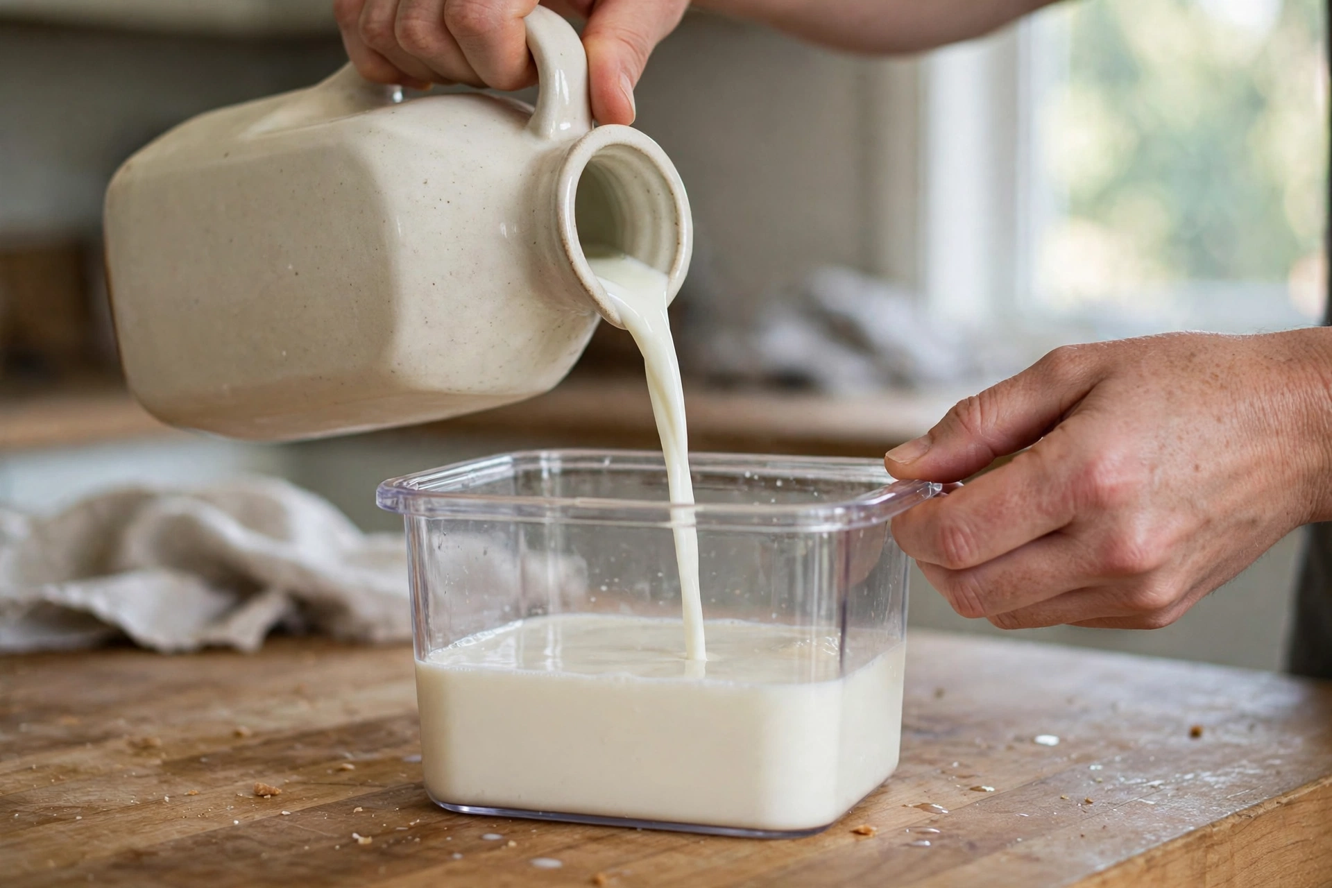 Hands pouring milk from a jug into a clear freezer container with space left at the top