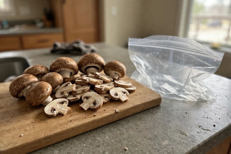 Fresh whole and sliced mushrooms on a wooden board next to a freezer bag on a home kitchen counter