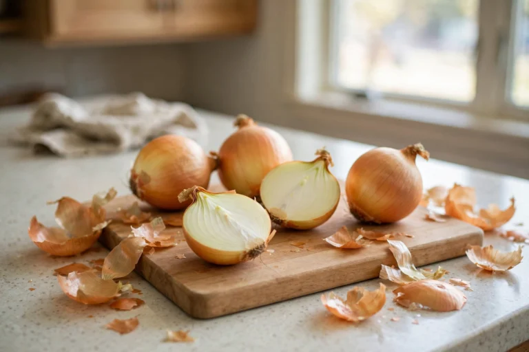 Whole and halved yellow onions with dry skins on a wooden board in a home kitchen by a window