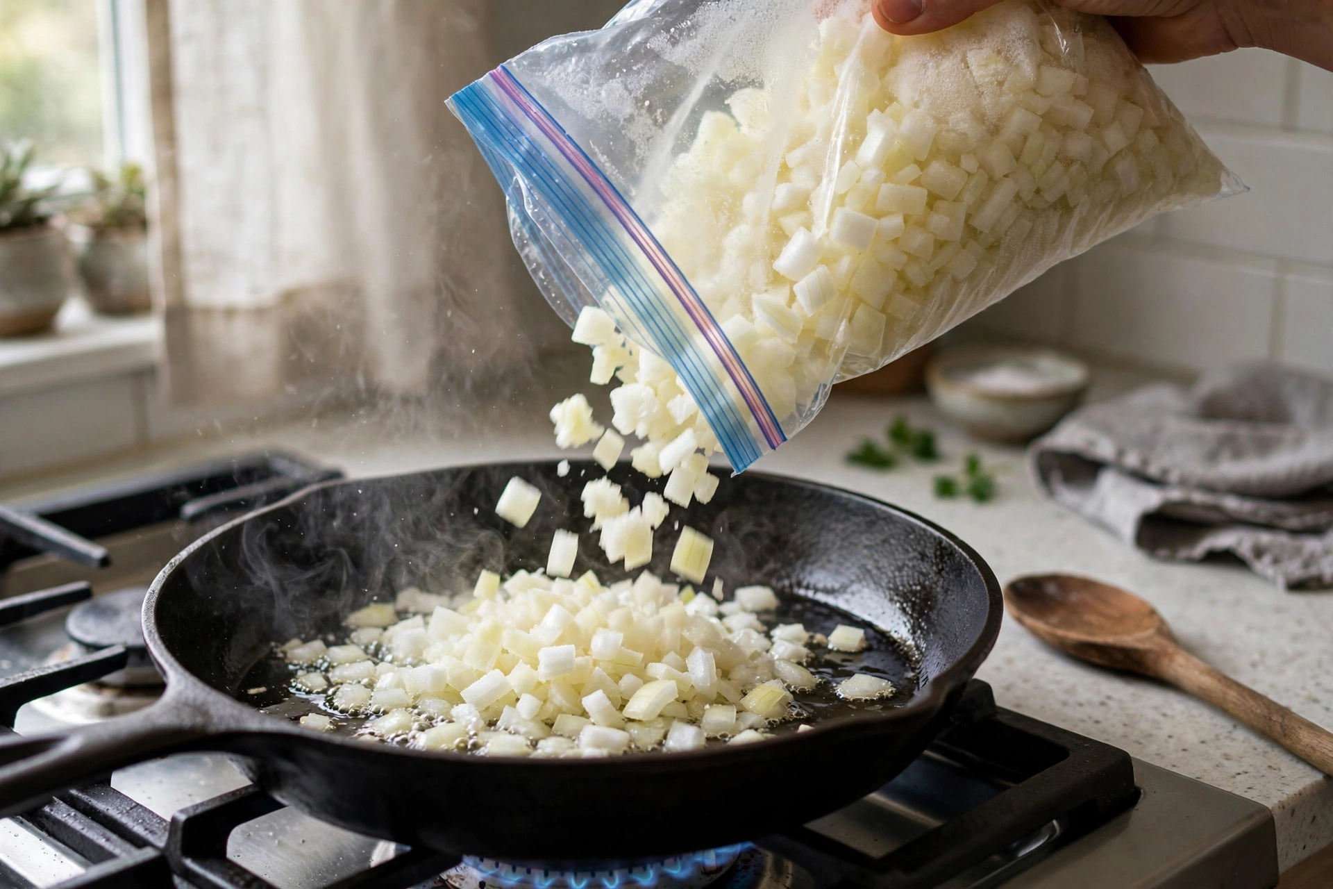 Frozen chopped onions being tipped from a freezer bag into a hot frying pan on a stove
