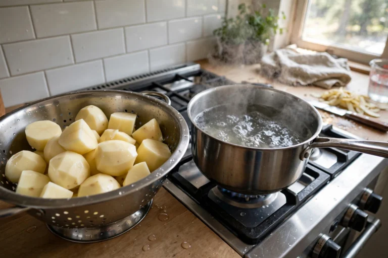 Peeled and cut raw potatoes in a colander next to a pot of boiling water on a home kitchen counter in natural window light